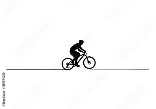 Cyclist silhouette rides a bike across a flat line on a white background