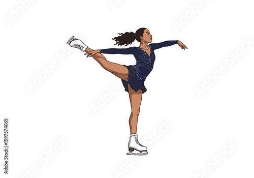 Figure skater in a blue dress performing a graceful spin on the ice