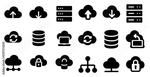 Cloud computing solid icons set – storage, data synchronization symbols