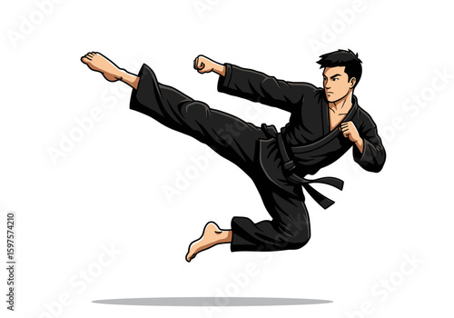 Man midair clad in black uniform executing a dynamic kick