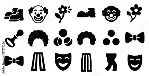 Circus and clown silhouette icons set – solid, filled, entertainment symbols