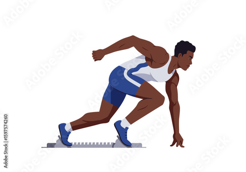 Runner at starting block athletic man wearing a blue and white uniform ready for race