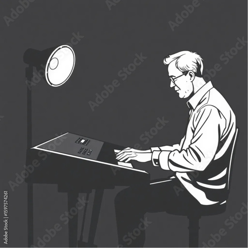 A music composer playing keys in a dim studio