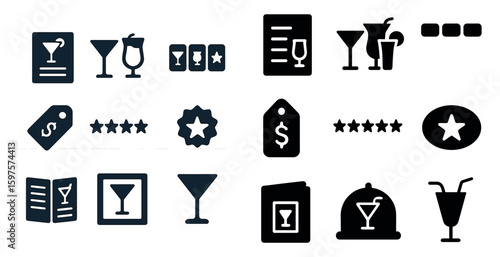 Cocktail and bar solid icons set – filled, drink and beverage symbols for menus