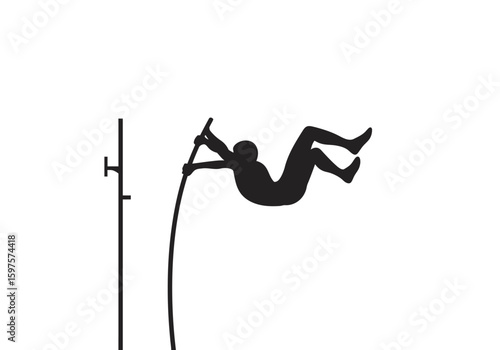 Silhouette of pole vaulter with pole nearing a crossbar white background