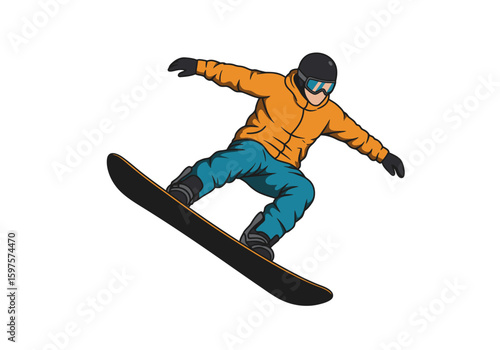 Snowboarder in orange jacket and blue pants on a snowboard midair