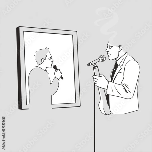 A jazz singer practicing in front of a smoky mirror