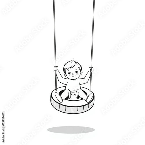 A child swinging gently in a backyard tire swing