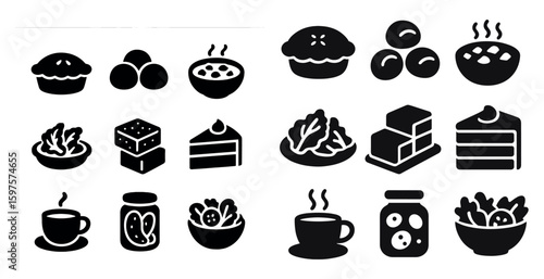 Bakery and desserts silhouette icons set – solid, filled, sweet treat symbols