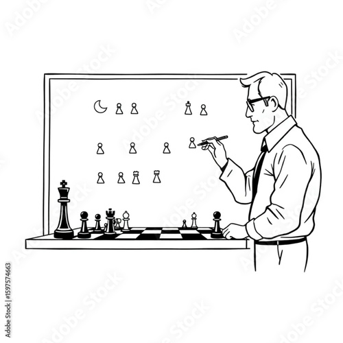 A chess instructor drawing classic openings on a whiteboard