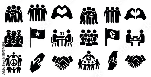 Community support solid icons set – silhouette, filled, social interaction symbols