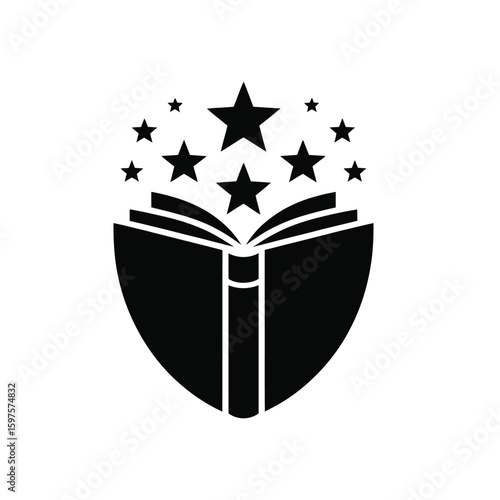 Open book with stars above and shield shape symbolizing knowledge and achievement
