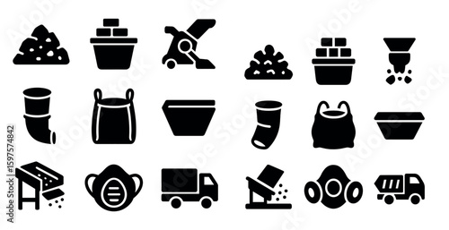 Construction and industry solid icons set – filled, equipment and tools symbols