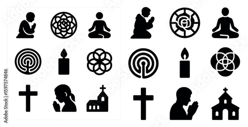 Spiritual and meditation silhouette icons set – prayer, yoga, relaxation symbols
