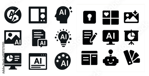 Artificial intelligence solid icons set – filled, tech, ai technology symbols