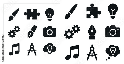 Creative tools filled icons set – solid, technology, artistic design elements