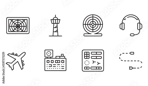 Airplane radar air traffic control tower headphones control panel and flight path icons aircraft aviation