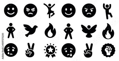 Emotion and expression icons set – silhouette, solid, mood and feeling symbols