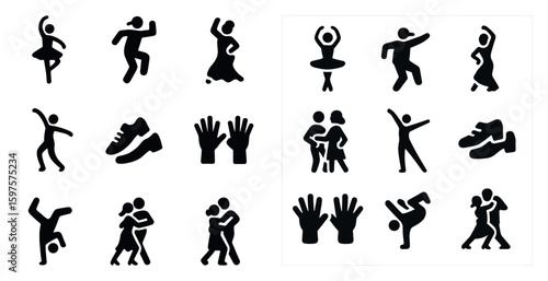 Dance silhouette icons set – flat, filled, movement and performance symbols