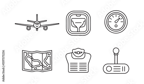 Airplane window map gauge control stick and life vest icons aircraft seat