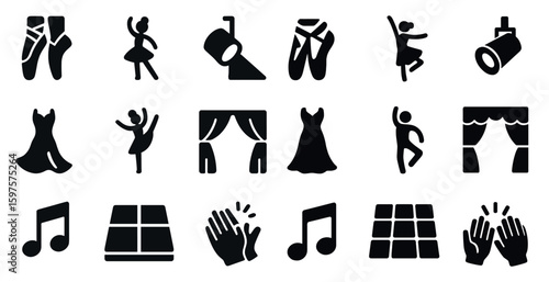 Ballet and dance solid icons set – silhouette, theatre, rhythmic movement graphics