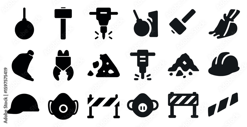 Fototapeta premium Construction and tools solid icons set – filled, building, repair symbols