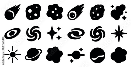 Space and astronomy icons set – silhouette, cosmic, celestial symbols and designs