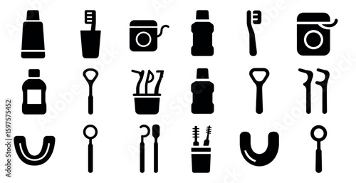 Dental care solid icons set – filled, toothbrush, mouthwash symbols
