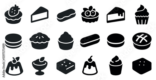 Dessert and pastry solid icons set – filled, silhouette, sweet treat graphics