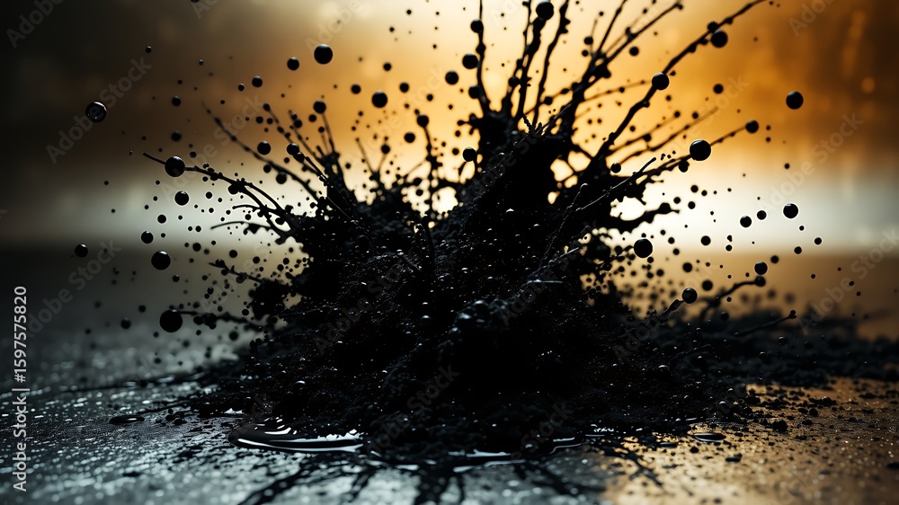 Obraz premium Photo of a dramatic black ink explosion bursts outwards with fine droplets and particles