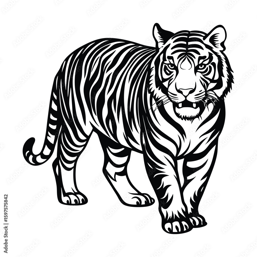 Fototapeta premium Vibrant tiger vector illustration on a clean white background, showcasing its powerful and majestic presence