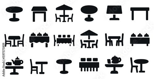 Dining table and chairs icons set – solid, outline, kitchen and furniture elements