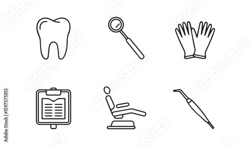 Black outline icons of dental equipment and tooth on white background dental mirror dental gloves