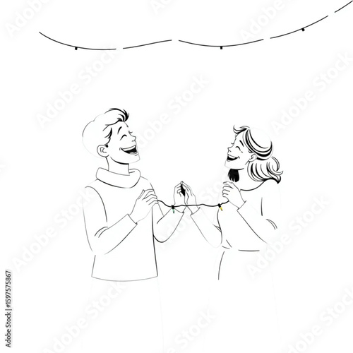 A couple laughing while untangling fairy lights