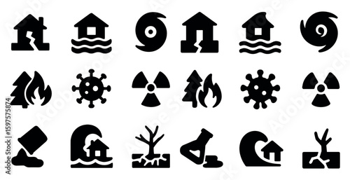 Natural disaster solid icons set – flat, silhouette, emergency and safety symbols