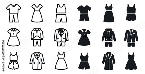 Fashion and apparel icons set – solid, silhouette, clothing and wardrobe symbols