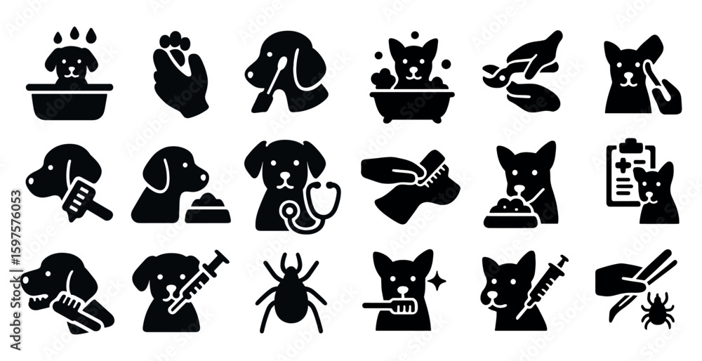 Fototapeta premium Pet care solid icons set – filled, grooming, veterinary imagery symbols