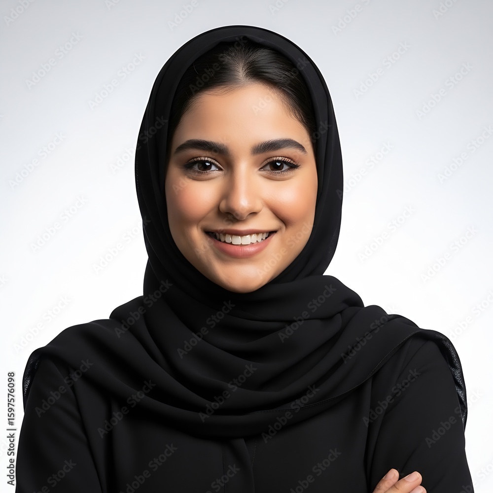 Smiling Arab Woman in Hijab Portrait, Elegant Islamic Fashion, Confident Expression, Modern Muslim Culture, Studio Shot, White Background Illustration Smiling Arab Woman in Hijab Portrait, Elegant Islamic Fashion, Confident Expression, Modern Muslim Culture, Studio Shot, White Background Illustration