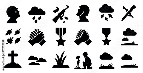 Military and warfare silhouette icons set – solid, filled, combat and army symbols