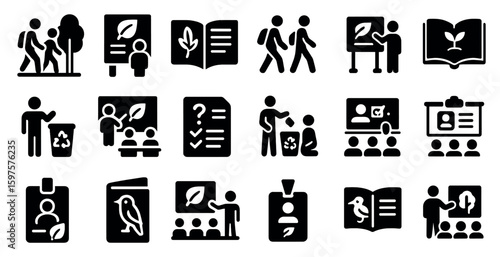 Environmental education solid icons set – flat, filled, recycling, teaching symbols