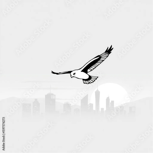 A falcon gliding above a city skyline at twilight