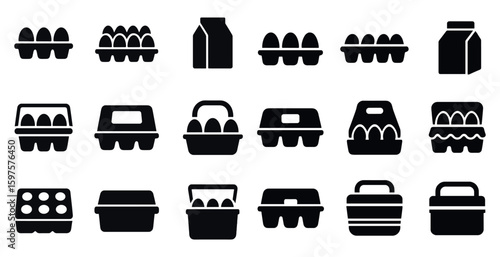 Egg packaging solid icons set – silhouette, filled, container and carton symbols
