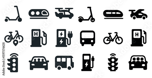 Transportation and vehicle solid icons set – travel, transit, mobility symbols