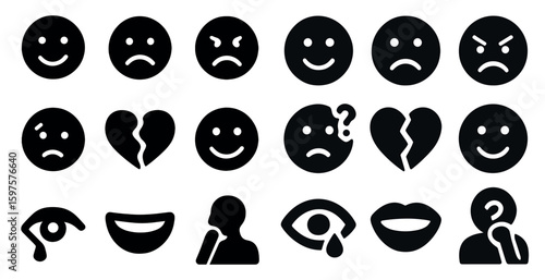 Emotion and expression solid icons set – silhouette, filled, mood and feelings symbols