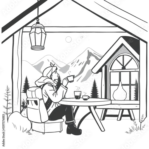 A traveler sipping tea in a lantern-lit mountain lodge