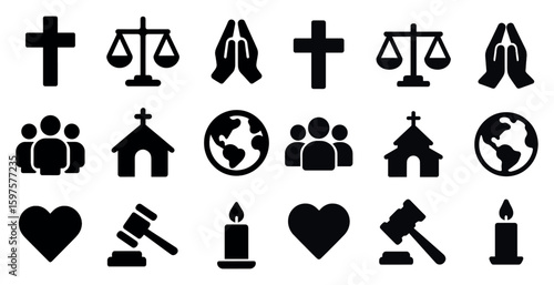 Religion and faith solid icons set – worship, spirituality, symbols collection