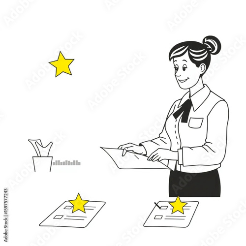 A teacher placing gold stars on spelling tests