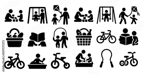 Family activity solid icons set – silhouette, filled, leisure and parenting symbols