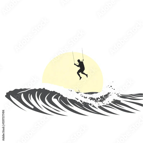 A kiteboarder jumping a swell beneath a golden sky