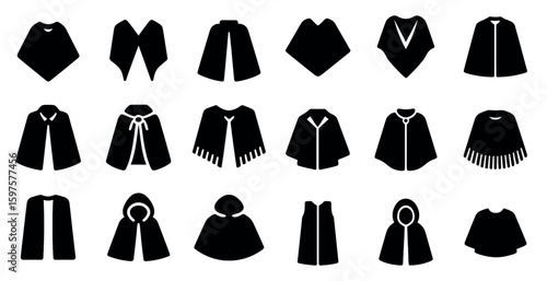 Fashion outerwear silhouette icons set – flat, cloak and cape symbols